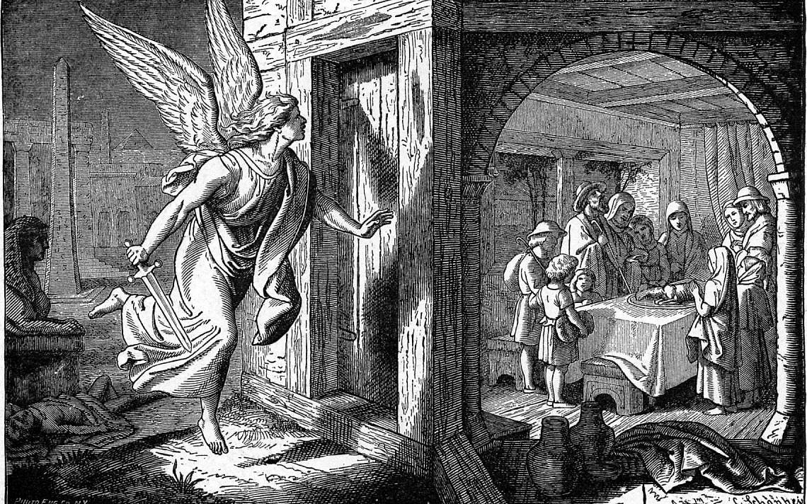 מלאך המוות מציץ בבני ישראל בעת אכילת הפסח הראשון. תמונה: ויקיפדיה