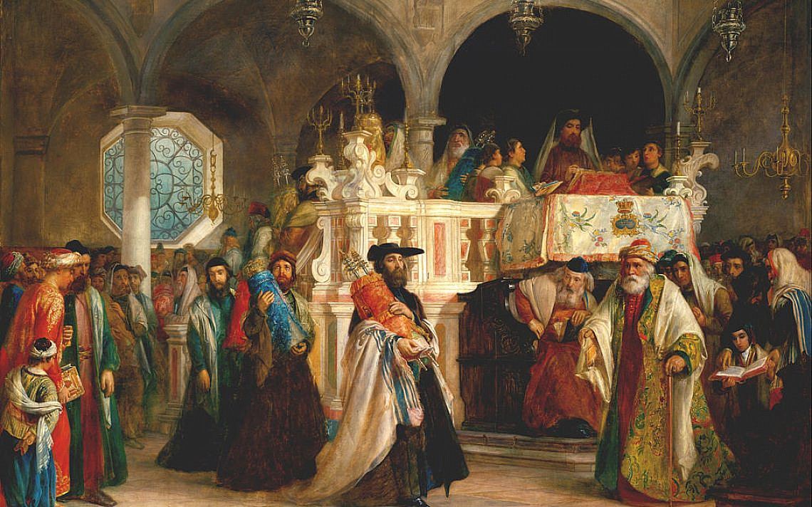 ציור: שמחת‭ ‬תורה‭ ‬בבית‭ ‬הכנסת‭ ‬באיטליה‭, ‬סולומון‭ ‬הארט‭, ‬ 1850, ויקיפדיה.