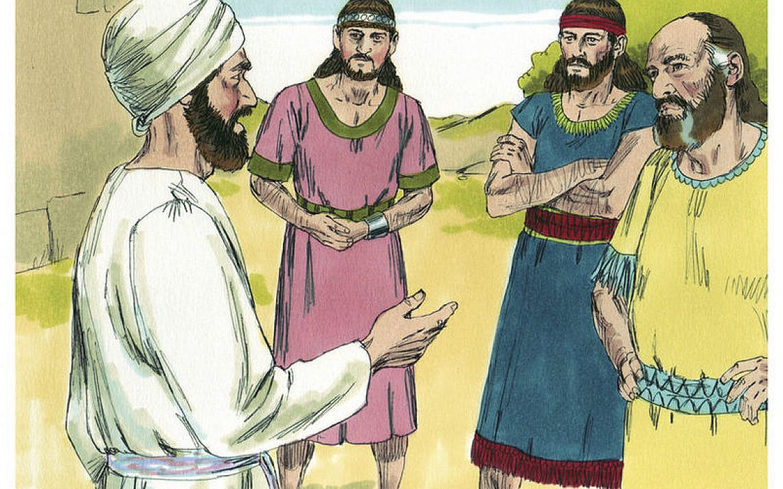 Phinehas confronted the Reubenites, Gadites, and Manassites (1984 illustration by Jim Padgett, courtesy of Distant Shores Media/Sweet Publishing), wikipedia.