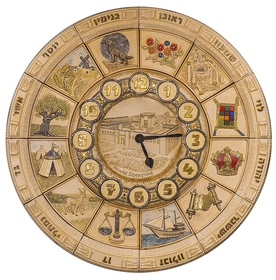 A clock sculpted in ceramics. The clock displays the symbols of the Twelve Tribes. Reuven, Shimon, Levi, Judah, Issachar, Zebulun, Dan, Naphtali, Gad, Asher, Joseph, and Binyamin. In the center of the clock is a relief of the Temple and the Temple Mount. Two clocks are hanging in the Western Wall plaza.