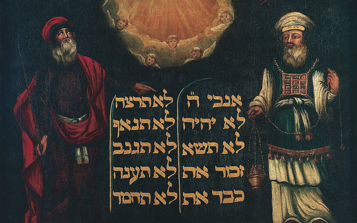 ציור של משה ואהרן עם לוחות הברית עליהם כתובים עשרת הדברות