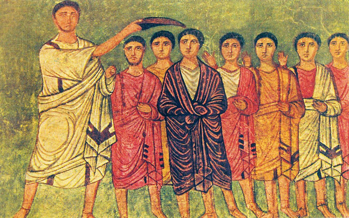 משיחת דוד למלך על-ידי שמואל, בית הכנסת דורה אירופוס, המאה השלישית לספירה
