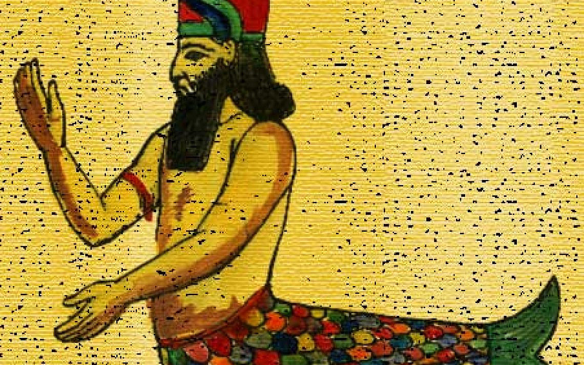 דגון, אל הדגן והחקלאות, ציור קו צבעוני המבוסס על תבליט "אואנס" בחורסאבאד, 2004.