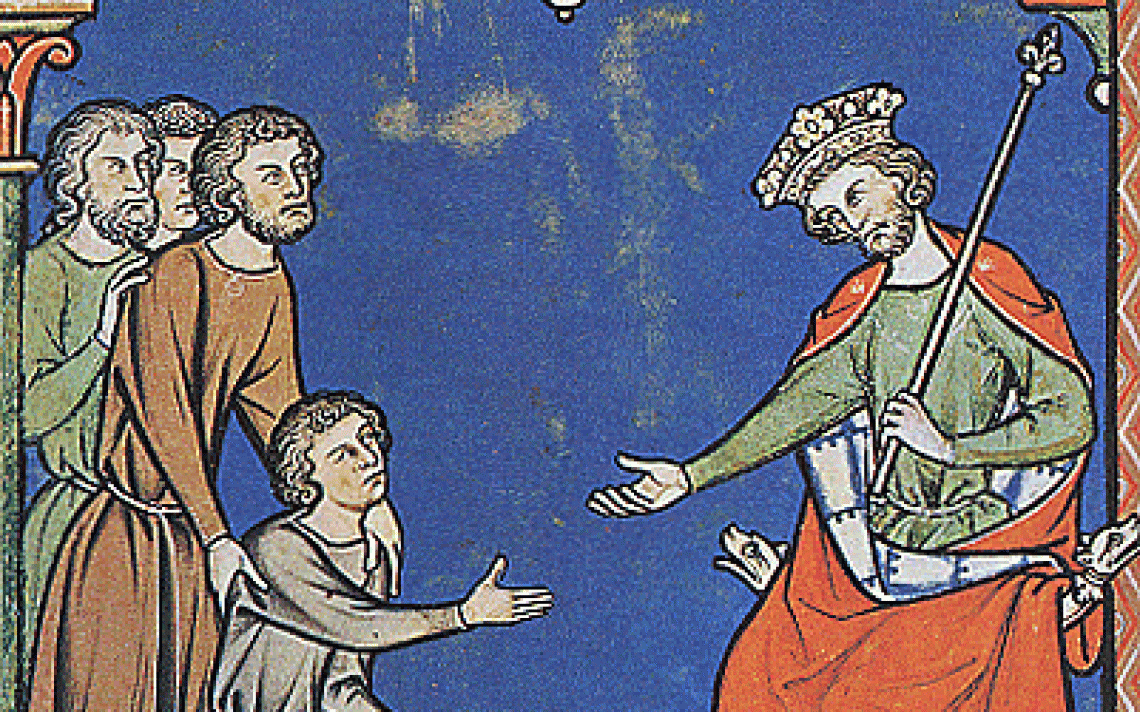 מפיבושת משתחווה בפני דוד. איור מתוך תנ"ך מורגן, 1240