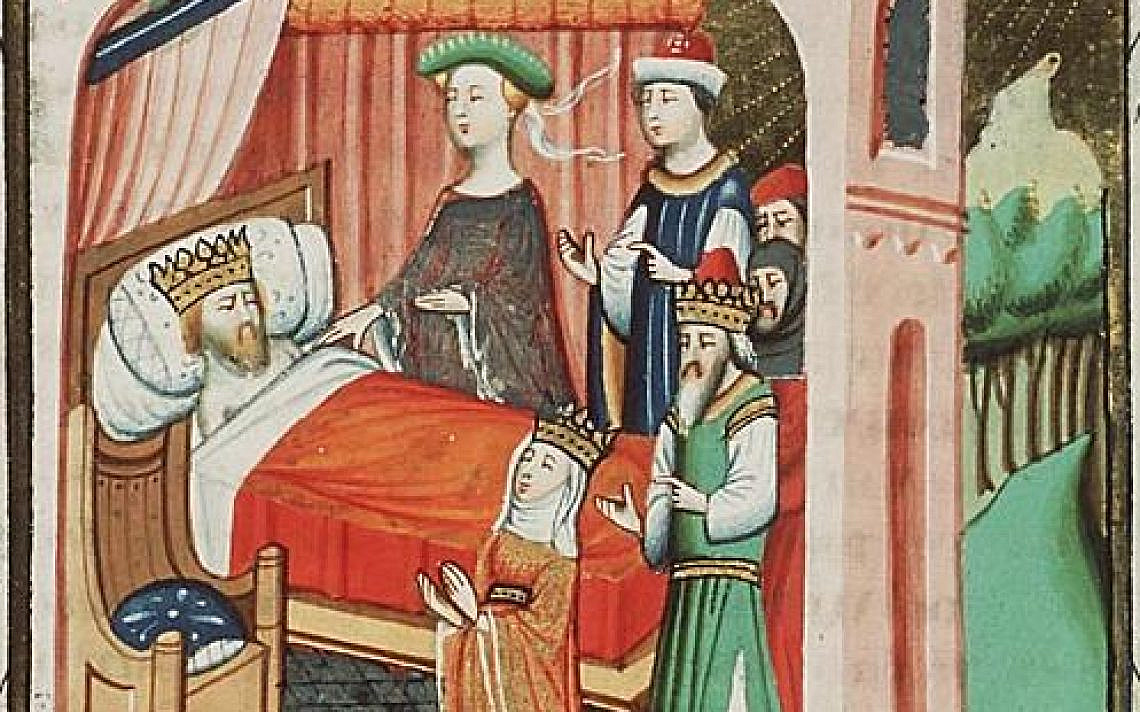 אבישג לצד מיטת דוד, ועמה בת שבע, נתן הנביא ושלמה, איור מהאג משנת 1435 לערך