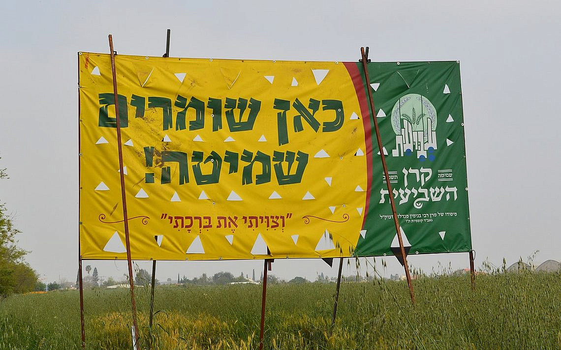 שלט שמיטה המוצב בשדה חקלאי - "כאן שומרים שמיטה" בשנת ה'תשפ"ב. השלט מציין גם את התמיכה של "קרן השביעית".