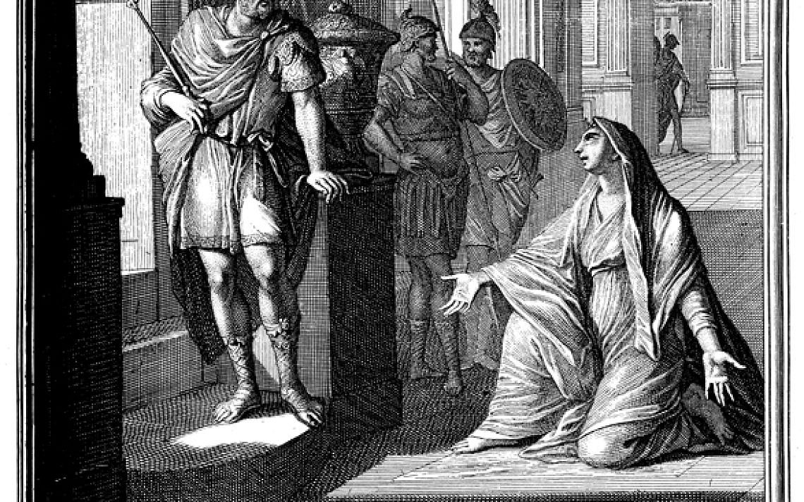 האשה מתקוע מופיעה בפני דוד המלך, תחריט נחושת מעשה ידי קספר לויקן משנת 1712