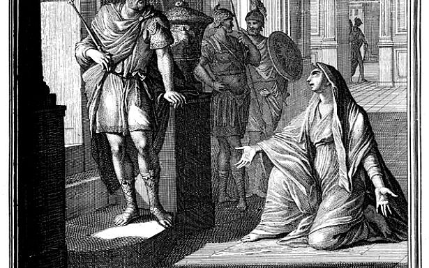 האשה מתקוע מופיעה בפני דוד המלך, תחריט נחושת מעשה ידי קספר לויקן משנת 1712