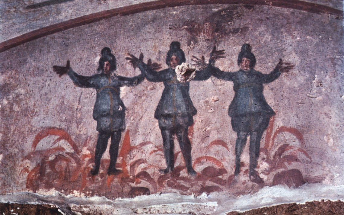 חנניה, מישאל ועזריה בכבשן האש. ציור קיר בקטקומבה של פריסקילה, רומא (מאה שלישית - רביעית)