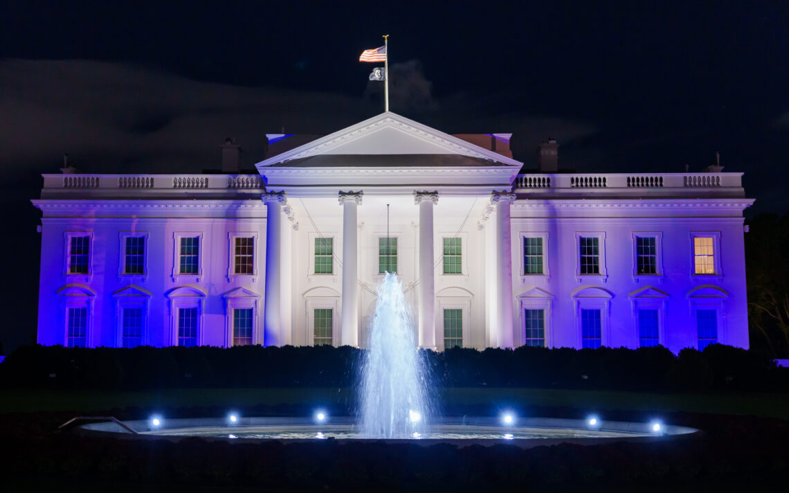 הבית הלבן מואר בצבעי כחול ולבן. (תמונה רשמית של הבית הלבן מאת אדם שולץ)